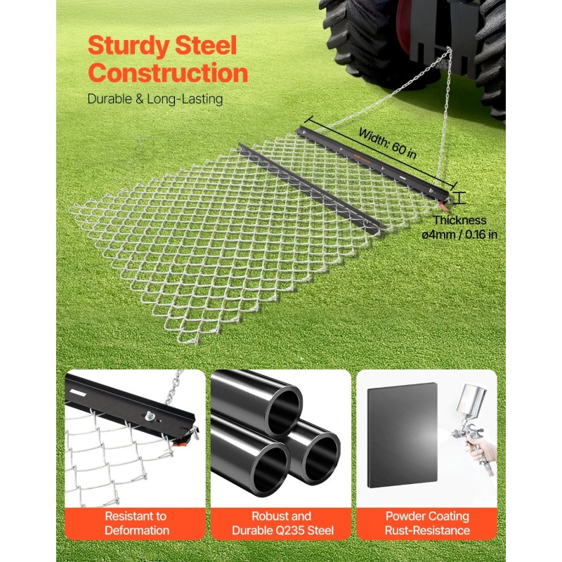 Ketjuäes Q235-terästä 1520×1240 mm nurmikon ja sorateiden tasoitukseen mönkijä ja pientraktoriyhteensopiva