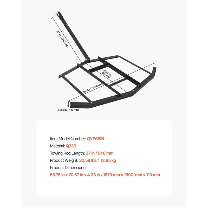 Vedettävä piikkiäes 66 tuumaa teräsrunko säädettävät tangot tappivetokiinnitys mönkijöille puutarhatraktoreille