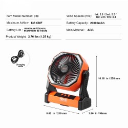 Ladattava pöytätuuletin 20000mAh akku 4 nopeutta LED lyhty 360 asteen