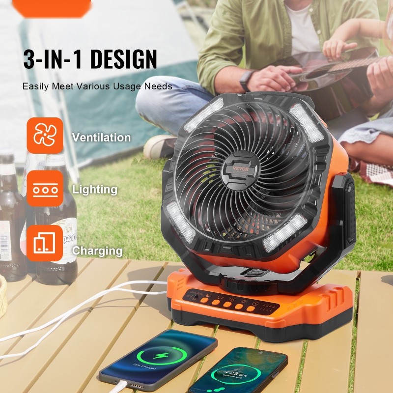 Ladattava pöytätuuletin harjaton kaksoissiivet neljä nopeutta sisäänrakennettu akku automaattinen kääntö LED-valaistus