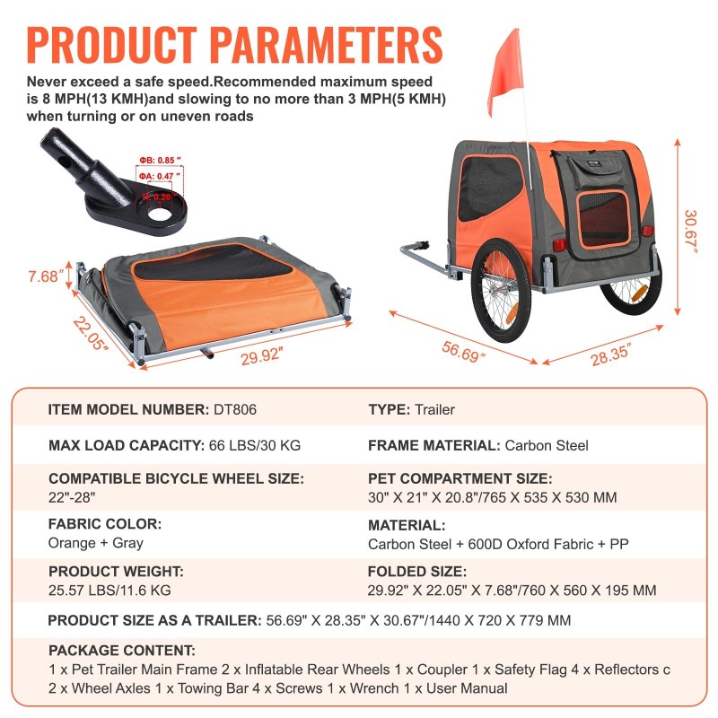 Polkupyörän lemmikkiperäkärry taittuva hiiliteräsrunko kolmenkymmenen kilon kantavuus pikalukitteiset pyörät yleismallinen