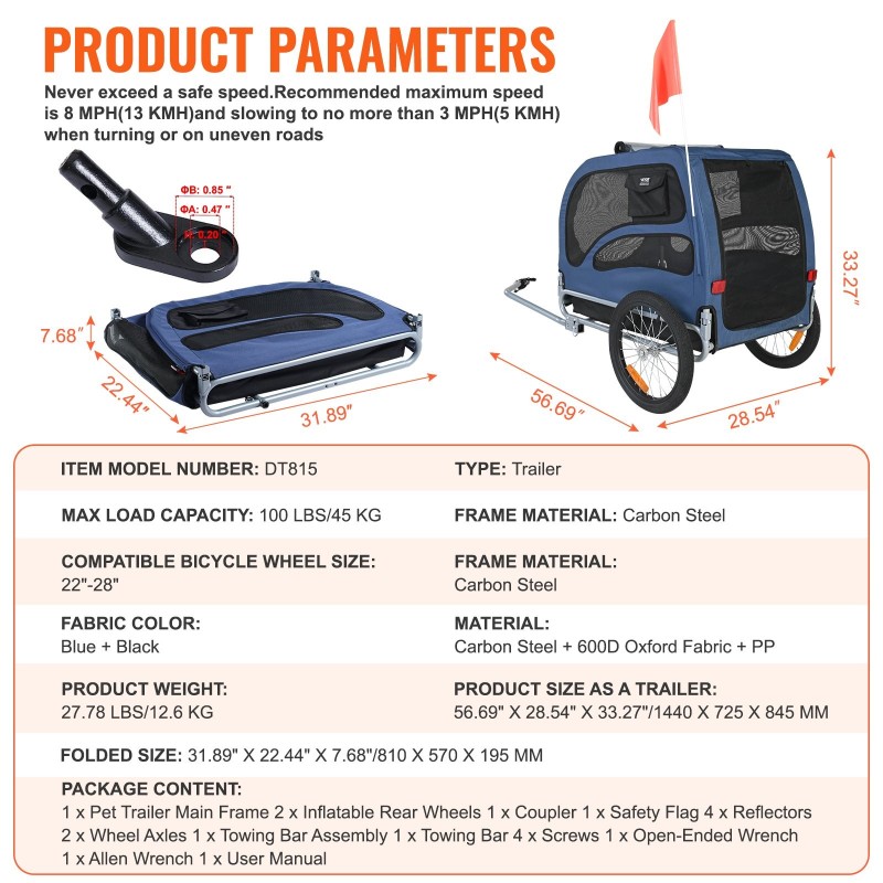 Lemmikkipyöräkärry hiiliteräsrunko 45 kg kantavuus taittuva yhteensopiva 22–28 tuuman pyöriin