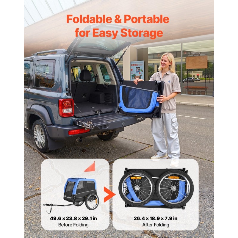 Koiran pyöräkärry hiiliteräsrunko 600D kangas 16-tuumaiset ilmakumirenkaat kantavuus 30 kg