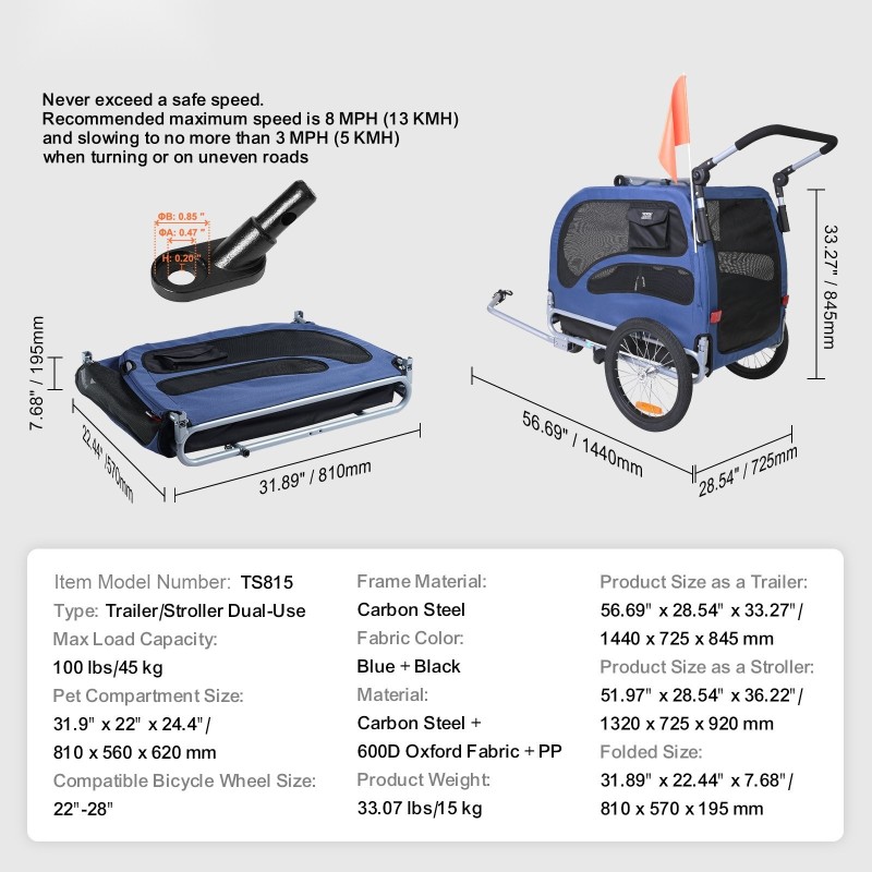 Lemmikkipyöräkärry hiiliteräsrunko 600D kangas 45 kg kantavuus kaksikäyttöinen sininen musta