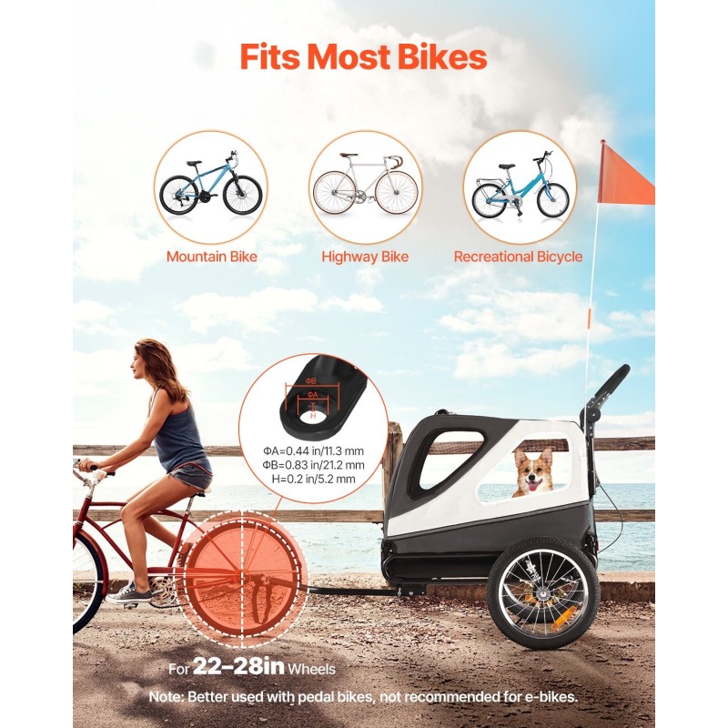 Koirapyöräkärry kaksikäyttöinen teräsrunko 45 kg kantavuus 16-tuumaiset ilmatäytteiset pyörät yleismallisella pyöräkiinnikkeellä