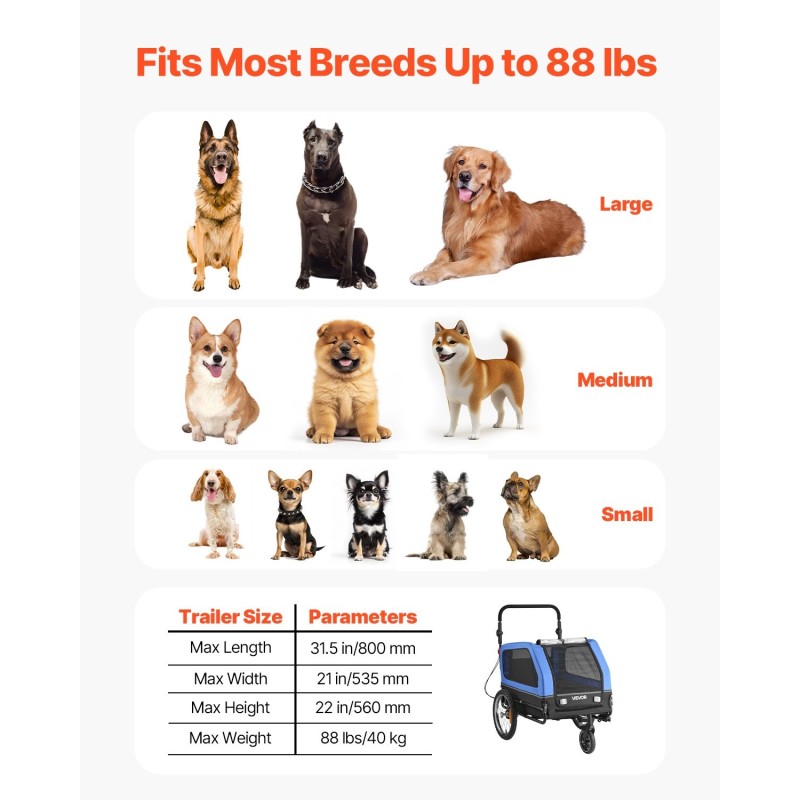 Kaksitoiminen säänkestävä koiran pyöräkärry ja lemmikkiratas hiiliteräsrunko 40 kg