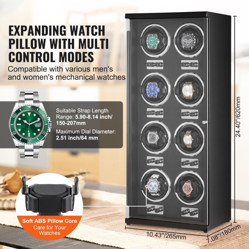 Kellonpyörittäjä 8 automaattikelloa 8 Mabuchi-moottoria sininen LED akryylirunko musta PU-sisusta