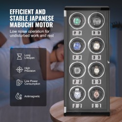 Kellonpyörittäjä 8 automaattikelloa 8 Mabuchi-moottoria sininen LED akryylirunko musta PU-sisusta