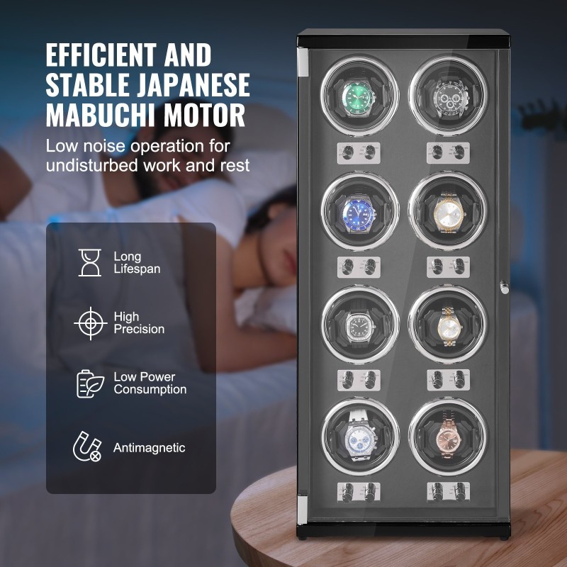 Kellonpyörittäjä 8 automaattikelloa 8 Mabuchi-moottoria sininen LED akryylirunko musta PU-sisusta