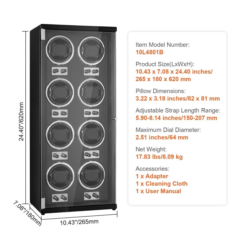 Kellonpyörittäjä 8 automaattikelloa 8 Mabuchi-moottoria sininen LED akryylirunko musta PU-sisusta