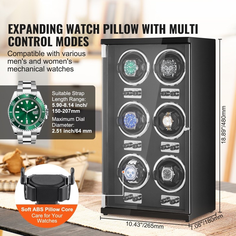 Kellonpyörittäjä kuudelle automaattikellolle kuusi japanilaista Mabuchi-moottoria sininen LED korkeatiheyksinen runko musta