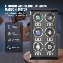 Kellonpyörittäjä kuudelle automaattikellolle kuusi japanilaista Mabuchi-moottoria sininen LED korkeatiheyksinen runko musta