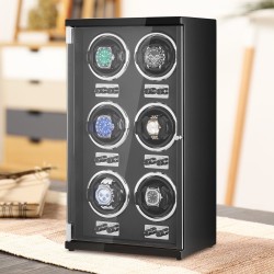 Kellonpyörittäjä kuudelle automaattikellolle kuusi japanilaista Mabuchi-moottoria sininen LED korkeatiheyksinen runko musta