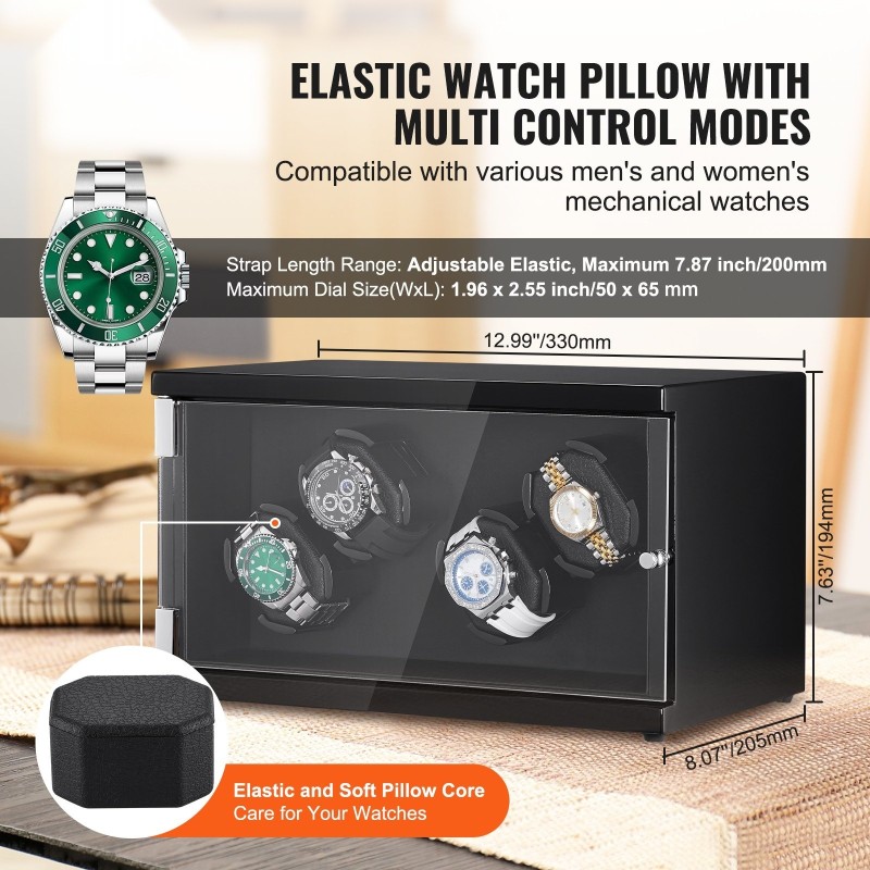 Kellonpyörittäjä neljälle automaattikellolle kahdella japanilaisella moottorilla sininen LED-valaistus akryyliovi musta