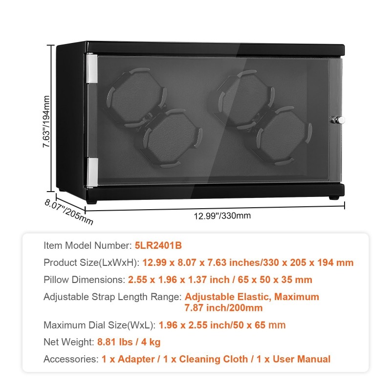 Kellonpyörittäjä neljälle automaattikellolle kahdella japanilaisella moottorilla sininen LED-valaistus akryyliovi musta