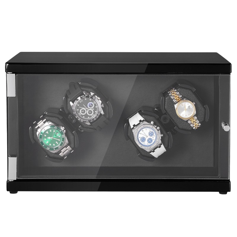 Kellonpyörittäjä neljälle automaattikellolle kahdella japanilaisella moottorilla sininen LED-valaistus akryyliovi musta