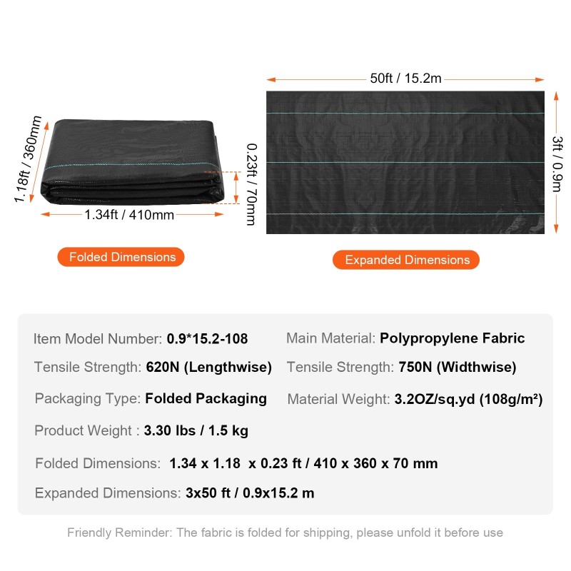 Maisemointikangas polypropeeninen 0,9 x 15,2 m 108 g/m² rikkaruohojen torjuntaan
