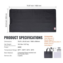 Kaukoinfrapunasaunapeitto koko keholle 1800 x 800 mm puuvillavuori ajastin 1 60 minuuttia 35 85 C