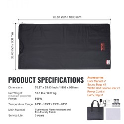 Kaukoinfrapunasaunapeitto koko keholle 1800 x 800 mm puuvillavuori ajastin 1–60 minuuttia 35–85°C