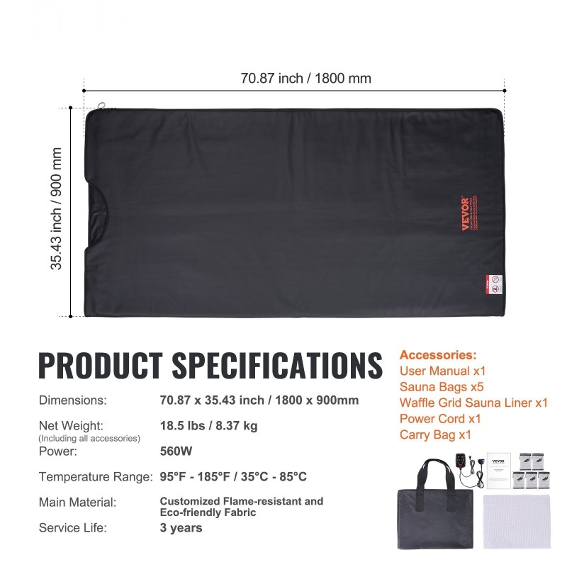 Kaukoinfrapunasaunapeitto koko keholle 1800 x 800 mm puuvillavuori ajastin 1–60 minuuttia 35–85°C