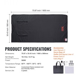 Infrapunasaunapeitto kotikäyttöön hiilikuituelementit säädettävä lämpötila 35–85°C ajastin 1–60 minuuttia käsiaukot