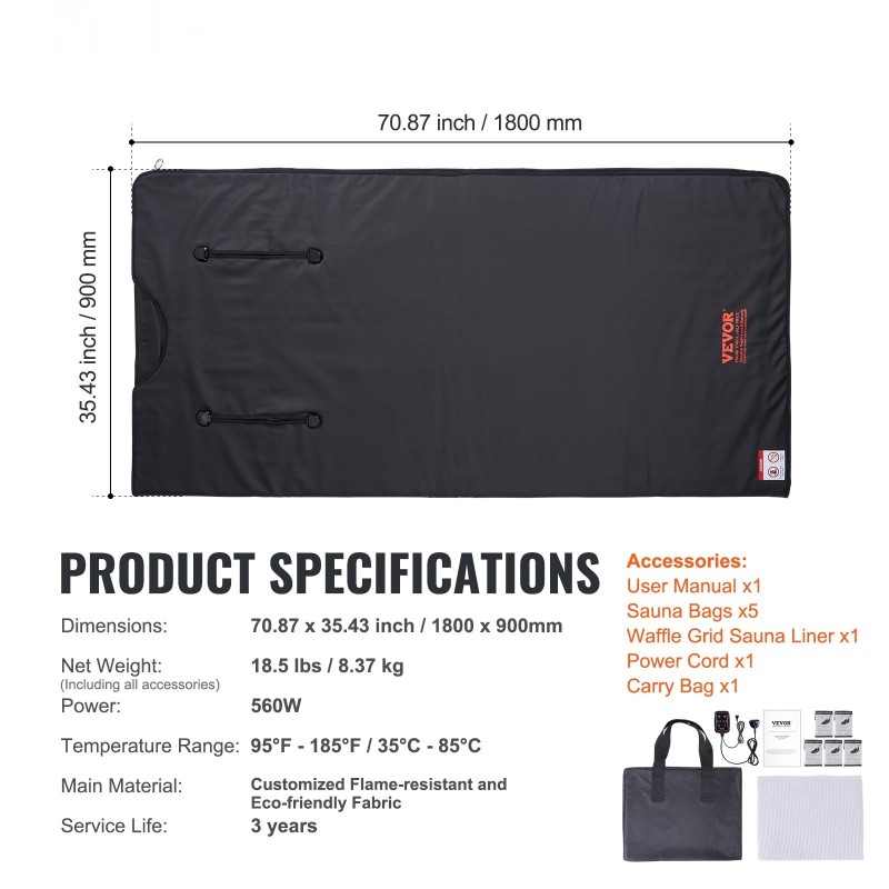 Infrapunasaunapeitto kotikäyttöön hiilikuituelementit säädettävä lämpötila 35–85°C ajastin 1–60 minuuttia käsiaukot