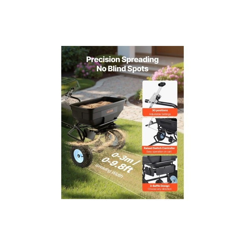 Vedettävä levitin 59 kg säiliö 13 tuuman pneumaattiset renkaat 0–3 m levitysleveys