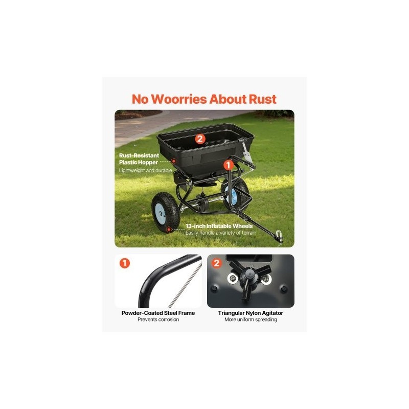 Vedettävä levitin 59 kg säiliö 13 tuuman pneumaattiset renkaat 0–3 m levitysleveys
