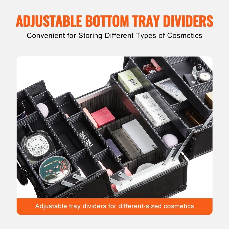 Suurikokoinen meikkilaukku kuusitasoinen alumiinirunkoinen matkakäyttöön säädettävillä välilevyillä