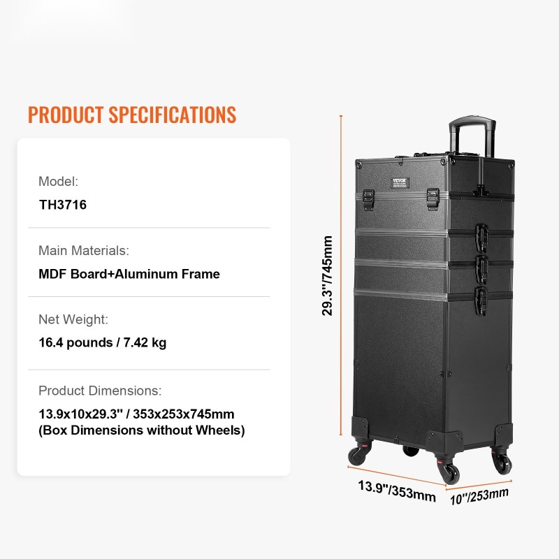 Suuri meikkilaukku MDF- ja alumiinirunko viisi-osainen rakenne irrotettavat osastot kääntyvin pyörin