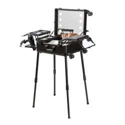 Meikkilaukku korkealujuuksinen muovikuori alumiinirunko neljä säilytyslokeroa sivellinkotelo valaistu peili kääntyvät pyörät