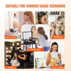 Meikkilaukku korkealujuuksinen muovikuori alumiinirunko neljä säilytyslokeroa sivellinkotelo valaistu peili kääntyvät pyörät