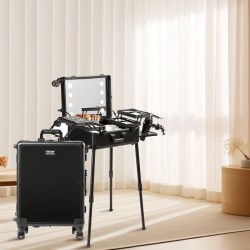 Meikkilaukku korkealujuuksinen muovikuori alumiinirunko neljä säilytyslokeroa sivellinkotelo valaistu peili kääntyvät pyörät