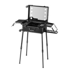 Meikkilaukku korkealujuuksinen muovikuori alumiinirunko neljä säilytyslokeroa sivellinkotelo valaistu peili kääntyvät pyörät