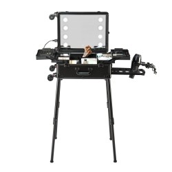 Meikkilaukku korkealujuuksinen muovikuori alumiinirunko neljä säilytyslokeroa sivellinkotelo valaistu peili kääntyvät pyörät