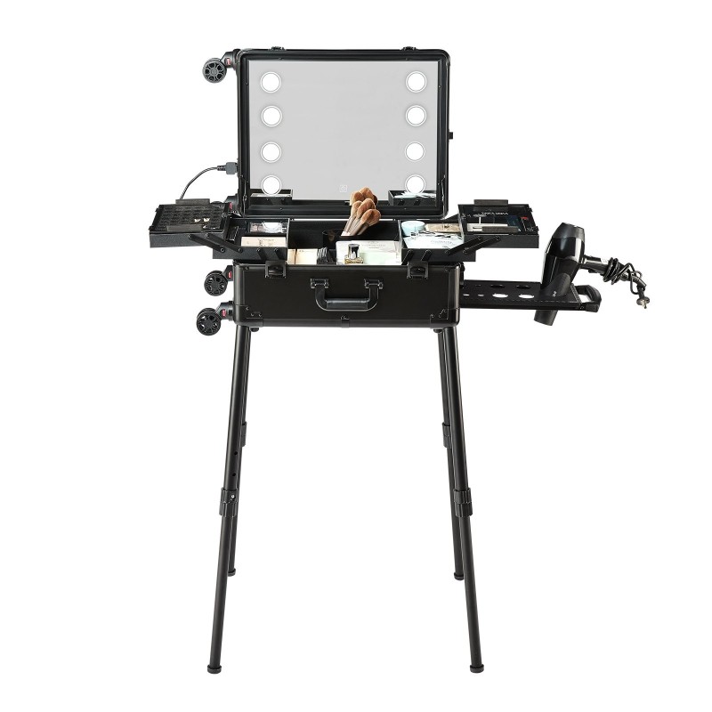 Meikkilaukku korkealujuuksinen muovikuori alumiinirunko neljä säilytyslokeroa sivellinkotelo valaistu peili kääntyvät pyörät