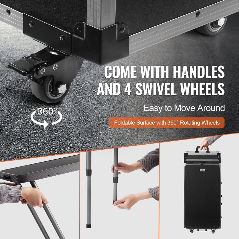 Meikkilaukku alumiinirungolla ja kovakuorella suuri säilytystila työtaso tukijaloilla kääntyvät pyörät