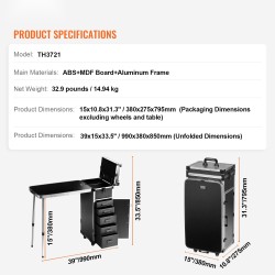 Meikkilaukku alumiinirungolla ja kovakuorella suuri säilytystila työtaso tukijaloilla kääntyvät pyörät