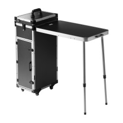 Meikkilaukku alumiinirungolla ja kovakuorella suuri säilytystila työtaso tukijaloilla kääntyvät pyörät