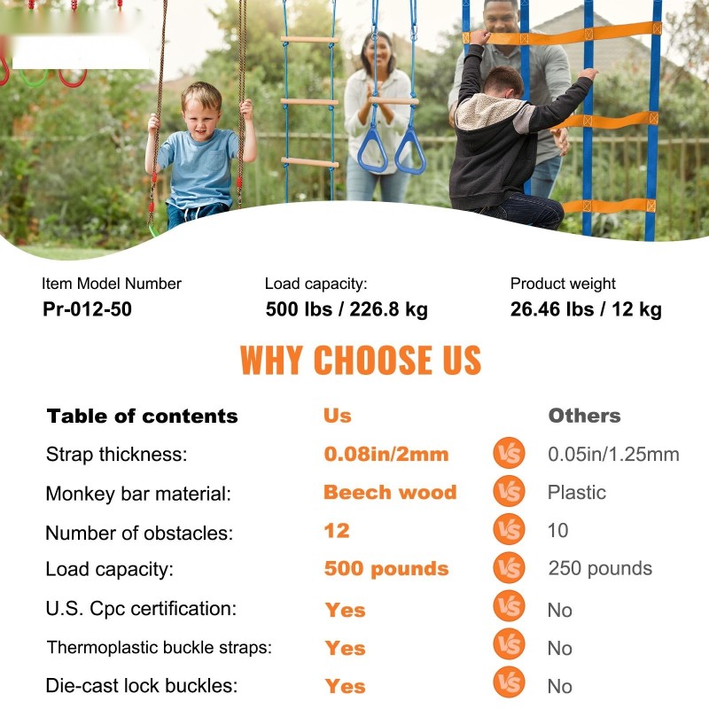 Ninja-rata lapsille ulkokäyttöön 2x15,24m säänkestävät slackline-liinat 12 estettä 226,8kg