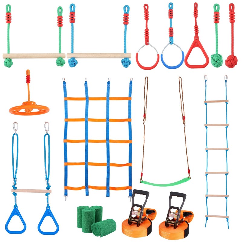 Ninja-rata lapsille ulkokäyttöön 2x15,24m säänkestävät slackline-liinat 12 estettä 226,8kg