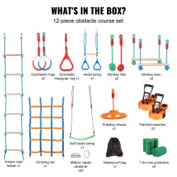 Ninja-esterata ulkokäyttöön 2 x 19,8 m säänkestävät hihnat 12 estettä 226,8 kg
