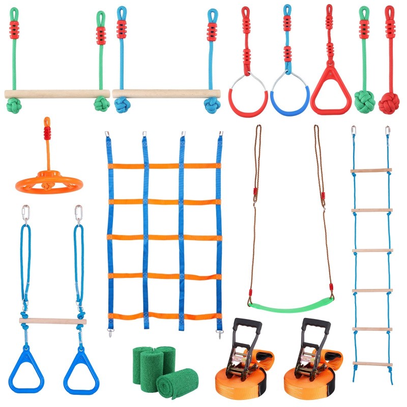 Ninja-esterata ulkokäyttöön 2 x 19,8 m säänkestävät hihnat 12 estettä 226,8 kg