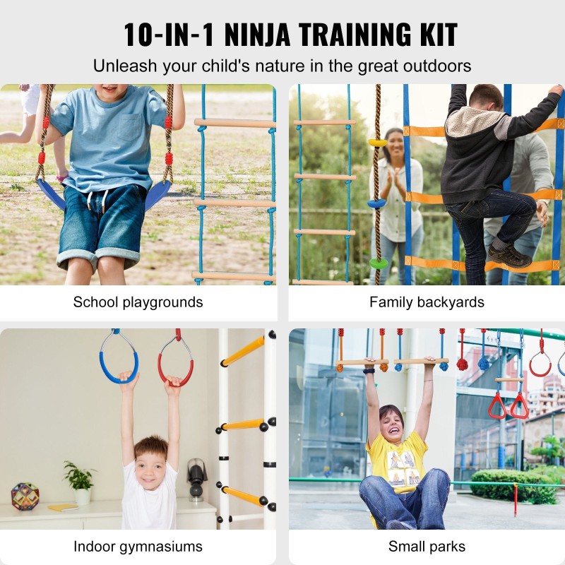 Ninjarata lapsille, 2 x 18,3 m säänkestäviä slackline-hihnoja, 14 estettä