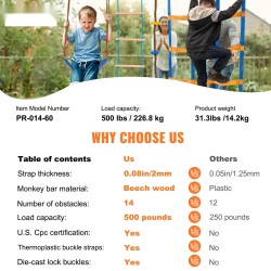 Ninjarata lapsille, 2 x 18,3 m säänkestäviä slackline-hihnoja, 14 estettä