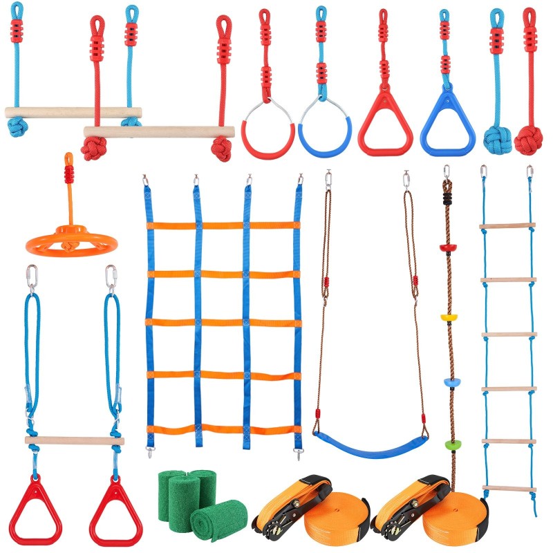 Ninjarata lapsille, 2 x 18,3 m säänkestäviä slackline-hihnoja, 14 estettä