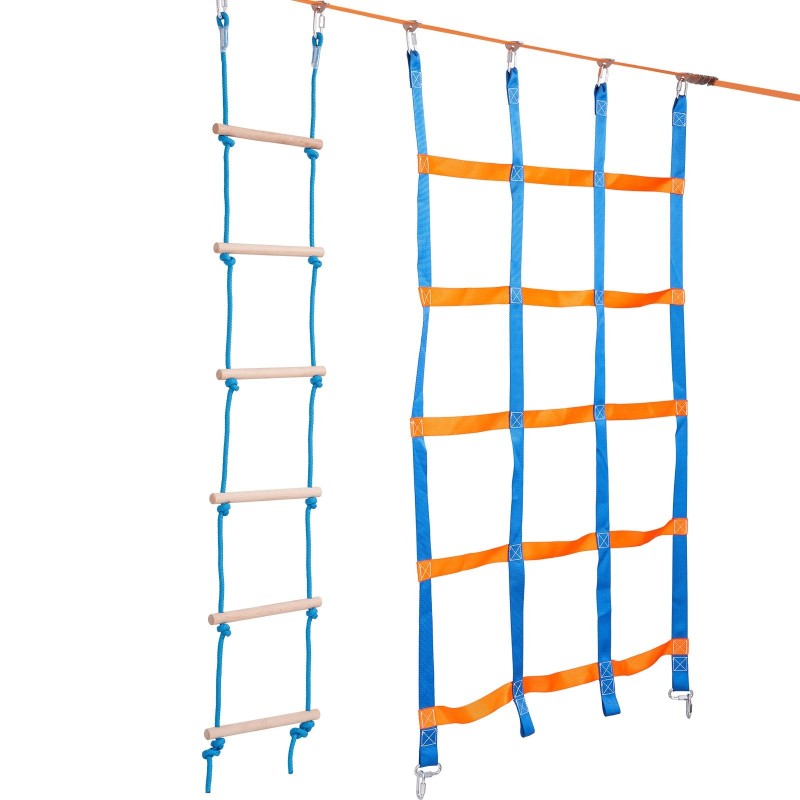 Ninjarata lapsille, 2 x 18,3 m säänkestäviä slackline-hihnoja, 14 estettä