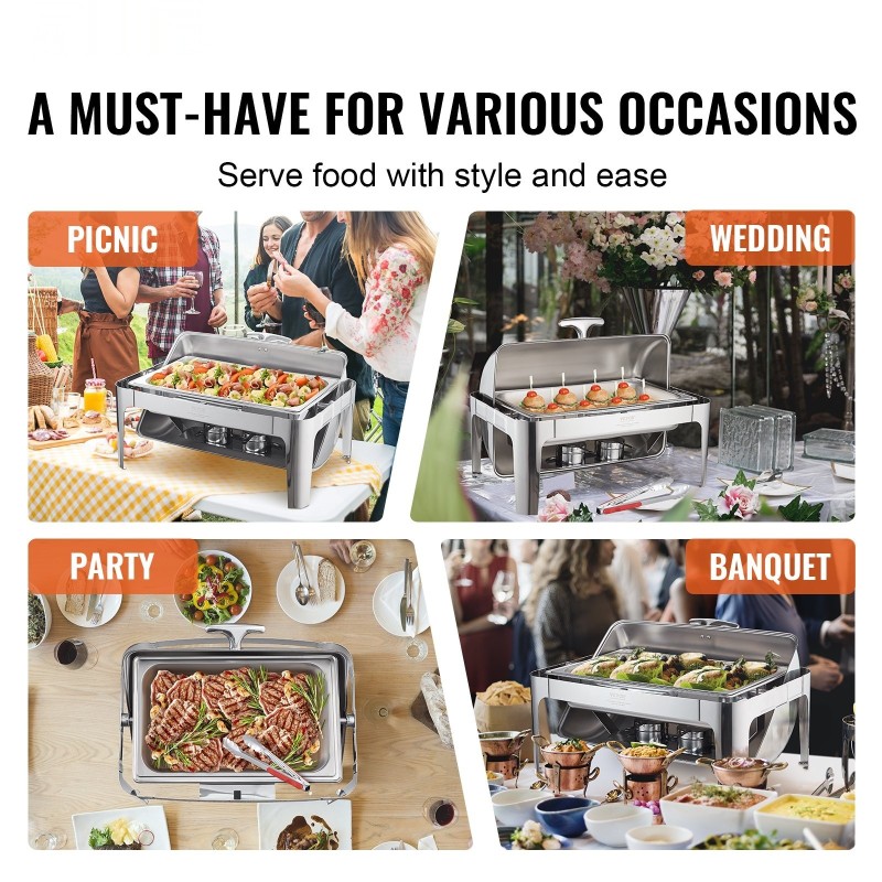 Tarjoilulämmitin 7,5 l 201-ruostumattomasta teräksestä rullikannella täyskokoisella ruoka-astialla vähintään 8 hengelle