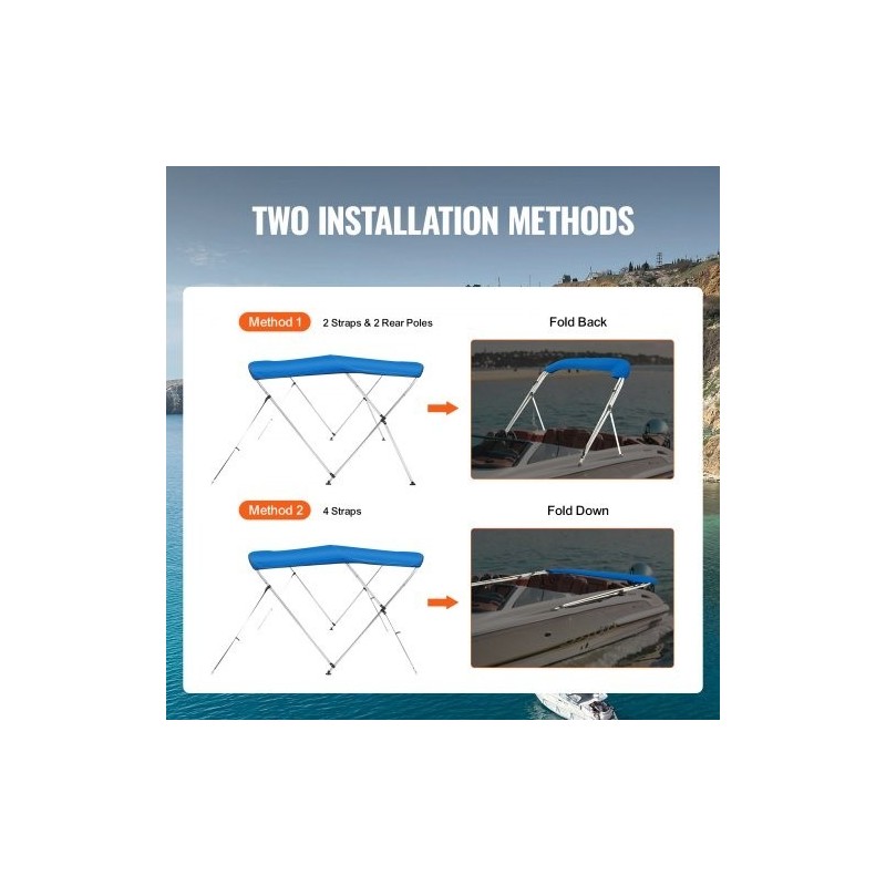 Bimini-venehuppu 900D polyesterikangas 3-kaareinen alumiinirunko 1,83 m pituus 137-152 cm leveys