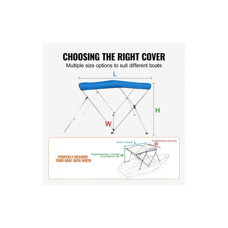 Bimini-venehuppu 900D polyesterikangas 3-kaareinen alumiinirunko 1,83 m pituus 137-152 cm leveys